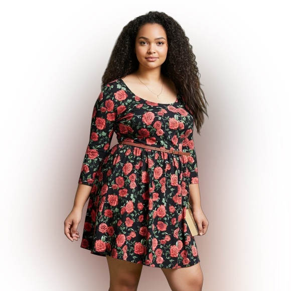 NEW•2X•Rosette Black & Red Fit & Flare Dress - Picture 6 of 8